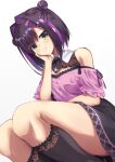  1girl :3 animal_print bare_shoulders black_hair black_necktie black_skirt black_socks blush calamity_saika closed_mouth colored_inner_hair commentary detached_collar double_bun dutch_angle feet_out_of_frame foreshortening frilled_sleeves frills from_below green_eyes hair_between_eyes hair_bun hair_intakes hand_on_own_cheek hand_on_own_face hand_up highres jirai_kei kneehighs limelight_lemonade_jam looking_at_viewer medium_hair mixed-language_commentary multicolored_hair nabari_anju necktie pink_shirt print_necktie purple_hair rabbit_print shirt short_necktie short_sleeves simple_background skirt smile socks solo split_mouth streaked_hair thighs two-tone_hair white_background 