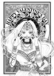  1girl absurdres alternate_costume artist_name border bracelet breasts candy chocolate choker cleavage commentary_request covering_own_mouth dragon_quest dragon_quest_vi dress dress_flower earrings floating_hair flower flower_necklace flower_request food gem happy_valentine highres holding holding_candy holding_food jewelry large_breasts long_hair looking_at_viewer low-tied_long_hair mayim mireyu monochrome multicolored_dress multiple_bracelets multiple_necklaces multiple_rings parted_hair ring solo strapless strapless_dress tiara upper_body valentine wrapped_candy 