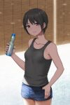  1girl black_eyes black_hair bottle collarbone hashi holding holding_bottle looking_at_viewer original ramune short_hair short_shorts shorts solo tank_top tomboy 