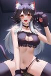  1girl absurdres animal_ears animal_hands bell black_bra black_hair black_panties black_thighhighs bra breasts cat_cutout cat_ear_panties cat_ears cat_lingerie cat_tail cleavage_cutout clothing_cutout commentary fake_animal_ears fake_tail gloves goddess_of_victory:_nikke highres indoors k_(nikke) large_breasts long_hair meme_attire multicolored_hair navel neck_bell open_mouth panties paw_gloves red_eyes stomach tail teeth thighhighs thighs two-tone_hair underwear upper_teeth_only white_hair ziz_(pandora707) 