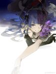  1girl absurdres black_gloves earrings gloves highres idolmaster idolmaster_shiny_colors jewelry long_hair narakuuu open_clothes open_mouth purple_eyes purple_hair smile solo tanaka_mamimi wings 