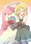  1girl :d bare_shoulders blonde_hair blush closed_eyes clothes_around_waist creature drooling elmleo774 facing_viewer glasses gloves highres hug jacket jacket_around_waist made_in_abyss mechanical_arms open_mouth riko_(made_in_abyss) rimless_eyewear round_teeth saliva semi-rimless_eyewear short_hair sleeveless smile solo stuffed_animal stuffed_toy teeth under-rim_eyewear upper_teeth_only whistle 
