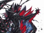  abbadomon abbadomon_core black_skin colored_skin confeito000_333 cowboy_shot dancing digimon digimon_(creature) extra_eyes extra_mouth highres interlocked_fingers multicolored_skin red_eyes red_skin sharp_teeth simple_background sparkle teeth twitter_username two-tone_skin white_background 