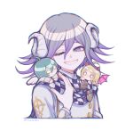  1girl 2boys ahoge akamatsu_kaede angel_wings blonde_hair blue_hair checkered_clothes checkered_scarf chibi chromatic_aberration cropped_torso danganronpa_(series) danganronpa_v3:_killing_harmony hair_between_eyes hair_ornament highres horns inukai_(inuuowoukai) jacket long_hair multiple_boys musical_note musical_note_hair_ornament oma_kokichi one_eye_closed purple_eyes purple_hair saihara_shuichi scarf short_hair simple_background smile teeth twitter_username white_background white_jacket wings 