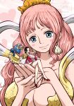  2girls apple7apo bikini blue_eyes blush_stickers boa_hancock breasts cape carrying carrying_person commentary_request crop_top crossed_arms earrings epaulettes fish_hair_ornament giant giantess hagoromo hair_ornament half_updo high_heels jewelry large_breasts long_hair long_sleeves multiple_girls one_piece pink_hair red_shoes salome_(one_piece) shawl shell shell_earrings shirahoshi shoes sidelocks size_difference skull smile snake snake_earrings swimsuit white_cape yellow_bikini 