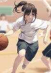  1girl artist_name ball basketball black_hair black_shirt brown_eyes collarbone commentary_request gym_shorts gym_uniform jonsun original ponytail running shirt shoes short_hair short_sleeves shorts sidelocks solo_focus twitter_username white_footwear white_shirt 