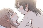  2girls after_kiss betock blush breasts brown_hair closed_eyes commentary_request ear_blush eyebrows_visible_through_hair highres light_brown_hair medium_hair multiple_girls original saliva saliva_trail simple_background sweat white_background yuri 