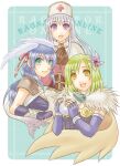  3girls acolyte_(ragnarok_online) alchemist_(ragnarok_online) armor assassin_(ragnarok_online) blue_hair bow breasts brown_cape brown_gloves cape capelet closed_mouth commentary_request copyright_name cross elbow_gloves feathered_wings fingerless_gloves flask fur_collar gloves green_eyes green_hair grey_hair hair_bow hat head_wings long_hair looking_at_viewer medium_breasts minamikaze_natsu multiple_girls nurse_cap open_mouth pauldrons pinwheel_hair_ornament potion purple_eyes purple_gloves ragnarok_online red_bow round-bottom_flask short_hair shoulder_armor smile upper_body white_capelet white_hat white_wings wings yellow_eyes 