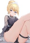  1girl ass black_dress black_panties blonde_hair blue_eyes breasts cleavage commentary diamond_earrings dress earrings frilled_dress frills grin hair_bun highres hololive hololive_english jewelry large_breasts looking_at_viewer lynnavtt official_alternate_costume official_alternate_hair_length official_alternate_hairstyle panties pantyshot see-through_clothes see-through_dress see-through_sleeves short_dress short_hair simple_background single_hair_bun sitting sleeveless sleeveless_dress smile solo thigh_strap thighs tiara underwear virtual_youtuber watson_amelia watson_amelia_(party_dress) white_background 