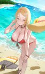  1girl bare_arms bare_shoulders beach bikini black_choker blonde_hair blurry breasts choker cleavage commission day depth_of_field front-tie_bikini_top front-tie_top hair_ornament hairclip halterneck hand_on_own_knee hand_up hat highres large_breasts leaning_forward long_hair looking_at_viewer o-ring o-ring_bikini ocean orange_eyes original outdoors red_bikini sandals shugo_15 solo standing straw_hat string_bikini sunlight surfboard swept_bangs swimsuit thighs unworn_hat unworn_headwear water wet 
