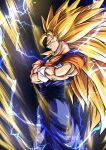  1boy aura black_background blonde_hair blue_pants blue_sash blue_shirt cowboy_shot crossed_arms dougi dragon_ball dragon_ball_z electricity gloves highres kanaetecho long_hair looking_at_viewer male_focus muscular muscular_male orange_shirt pants profile sash shirt simple_background smile solo spiked_hair super_saiyan super_saiyan_3 vegetto white_gloves 