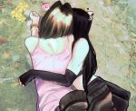  2girls aerith_gainsborough amy_rose arm_around_waist bangle black_gloves black_hair bracelet brown_hair dress final_fantasy final_fantasy_vii final_fantasy_vii_remake fingerless_gloves from_behind gloves heart highres hug jewelry long_hair lying multiple_girls on_ground on_stomach pink_dress sephirothhrt snoopy tifa_lockhart yuri 