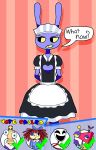 9:14 annoyed anthro asking_what cleavage_cutout clothed clothing crossdressing cutout dialogue footwear frilly gangle_(tadc) glitch_productions hands_behind_back hi_res imminent_transformation jax_(tadc) kinger_(tadc) lagomorph leporid maid_headdress maid_uniform male mammal mrtea purple_body rabbit ragatha_(tadc) socks solo speech_bubble the_amazing_digital_circus uniform yellow_sclera zooble_(tadc)