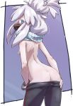  1girl absurdres ass back black_pants blue_eyes border clothes_pull commentary_request deux_murasame from_behind gundam gundam_gquuuuuux highres looking_at_viewer loose_hair_strand mask median_furrow mouth_mask outside_border pants pants_pull purple_background solo standing t_monak white_border white_hair 
