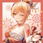  1girl absurdres arm_tattoo bandaged_arm bandages blonde_hair border breasts chest_sarashi chest_tattoo choker genshin_impact hadanugi_dousa hair_ornament highres japanese_clothes kimono looking_at_viewer medium_breasts obi one_eye_closed open_hand orange_kimono ponytail reaching reaching_towards_viewer red_border sarashi sash single_bare_shoulder smile tattoo upper_body vision_(genshin_impact) yellow_eyes yoimiya_(genshin_impact) yuno_kaihara 