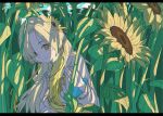  1girl absurdres black_border blonde_hair border closed_mouth cropped_jacket day dress field flower flower_field hair_flower hair_ornament hair_over_one_eye highres isekaijoucho jacket kamitsubaki_studio long_hair looking_at_viewer outdoors shadow siiiiinre smile solo sunflower sunflower_field virtual_youtuber white_jacket yellow_dress yellow_eyes yellow_flower 