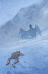 ambiguous_gender articuno avian avian_feet backpack beak blizzard_(weather) blue_body blue_feathers duo feathered_wings feathers feral generation_1_pokemon glowing glowing_eyes head_crest hi_res human ice legendary_pokemon lying mammal meifordart mountain mountain_climbing mountaineer nintendo on_front pokemon pokemon_(species) snow walking_stick white_body white_feathers wings winter_clothing winter_coat