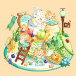  1girl :&gt; :q aqua_dress banana berry blonde_hair blueberry bug cake character_name cherry chibi closed_eyes dress flower food fork fruit grapes green_dress hair_ornament holding holding_fork holding_spoon indie_virtual_youtuber issiki_toaki ladder long_hair low_twintails melon mini_person minigirl multicolored_hair official_art open_mouth orange_(fruit) orange_background orange_hair orange_slice pineapple plate raspberry simple_background smile spoon sprinkles star_(symbol) star_hair_ornament strawberry streaked_hair tenka_an tongue tongue_out twintails virtual_youtuber whipped_cream 