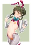  1girl absurdres animal_ears arms_up aya_shachou bob_cut bow bowtie braid brown_eyes cameltoe cowboy_shot embarrassed eyebrows_visible_through_hair fake_animal_ears fake_tail flat_chest gloves green_hair hairband heart_pasties high_heels highres kantai_collection looking_at_viewer meme_attire navel non-web_source open_mouth pasties playboy_bunny rabbit_ears rabbit_tail revealing_clothes reverse_bunnysuit reverse_outfit short_hair short_hair_with_long_locks sidelocks solo tail takanami_(kancolle) two-tone_background 