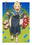  1girl arm_support arm_up belt belt_around_waist belt_buckle blonde_hair blue_capelet blue_dress blue_flower border braid breasts brown_belt buckle capelet choker collarbone commentary crossed_legs curtained_hair day dress dungeon_meshi elf eyebrows_hidden_by_hair feet fingernails flower from_above full_body giant_mushroom grass green_eyes grey_sandals grin hair_over_shoulder hair_ribbon hair_tubes half_up_braid half_updo highres holding holding_staff hood hood_down hooded_capelet karassawa large_ears leaning_to_the_side leather_belt leg_up light_blush long_dress long_eyelashes long_hair long_sleeves looking_at_viewer looking_up mage_staff marcille_donato mushroom open_mouth outdoors outside_border pants parted_bangs pink_nails pointy_ears puffy_pants raised_eyebrows red_choker red_ribbon ribbon sandals shadow sidelocks sitting smile solo staff straight-on striped_blush sunlight symbol-only_commentary tareme teeth thick_eyelashes twin_braids two-tone_capelet upper_teeth_only v-neck walking_mushroom_(dungeon_meshi) white_border white_pants wide_sleeves wooden_staff yellow_capelet yellow_trim 