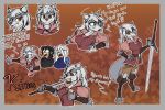 3:2 abstract_background absurd_res anthro armor bodily_fluids canid canine canis crying_laughing dialogue eating eating_food female fur greatsword grey_body grey_fur grey_hair group hair hi_res human humanoid kiruss knee_pads laugh mammal multiple_images pouch_(anatomy) pouch_purse redahfuhrerking shawarma sketch smile tears trio vambrace wolf
