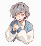  1girl akmizuk animal_ears bang_dream! bang_dream!_it&#039;s_mygo!!!!! blush brown_eyes collared_shirt commentary dog_ears dog_girl earrings grey_hair highres jewelry kemonomimi_mode long_sleeves open_mouth shirt short_hair simple_background single_earring solo sweatdrop takamatsu_tomori upper_body white_background white_shirt 