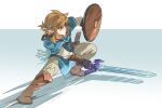  1boy absurdres arm_up arrow_(projectile) bishounen black_gloves blonde_hair blue_eyes blue_tunic boots brown_boots ch_walnut closed_mouth dynamic_pose earrings fingerless_gloves gloves highres holding holding_shield holding_sword holding_weapon jewelry link long_pointy_ears looking_ahead male_focus master_sword pants piercing pointy_ears ponytail quiver shield short_ponytail solo sword the_legend_of_zelda the_legend_of_zelda:_breath_of_the_wild tunic weapon wooden_shield 