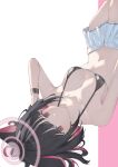  1girl absurdres animal_ears bikini black_bikini black_hair blue_archive breasts cat_ears colored_inner_animal_ears colored_inner_hair extra_ears halo highres kazusa_(blue_archive) looking_at_viewer miku_rasha multicolored_hair no_shirt pink_hair pink_halo red_eyes shirt short_hair solo swimsuit two-tone_hair white_shirt 