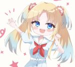  1girl :d arms_up blonde_hair blue_dress blush breast_pocket breasts clenched_hand commentary cowboy_shot curtained_hair deformed dress fang flower hair_flower hair_ornament hasu_no_sora_school_uniform hellomegu! highres large_breasts link!_like!_love_live! long_hair looking_at_viewer love_live! milshye7 open_hand open_mouth osawa_rurino outstretched_arm parted_bangs pink_flower pleated_dress pocket puffy_short_sleeves puffy_sleeves sailor_collar school_uniform short_sleeves skin_fang smile solo star_(symbol) summer_uniform twintails v-shaped_eyebrows virtual_youtuber white_background white_sailor_collar 