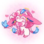 2025 =w= ambiguous_gender astella1204 bow_(anatomy) eeveelution eyes_closed feral fur generation_6_pokemon heart_background heart_symbol low_res nintendo paws pink_body pink_fur pokemon pokemon_(species) ribbons_(anatomy) signature simple_background sitting solo sparkles sylveon tail white_body