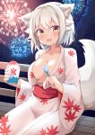  1girl animal_ears breasts cleavage fang fireworks food holding holding_spoon inubashiri_momiji japanese_clothes kimono long_sleeves looking_at_viewer medium_breasts open_mouth rururiaru shaved_ice short_hair skin_fang solo spoon tail touhou white_hair white_kimono wide_sleeves wolf_ears wolf_girl wolf_tail yellow_eyes 