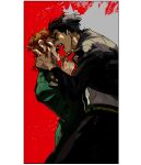  2boys absurdres beet_(vhvt5535) black_border black_hair black_jacket black_pants blood blood_on_face blood_on_hands border brown_hair chain cherry_earrings earrings food-themed_earrings gakuran green_eyes green_jacket grey_background grey_nails hand_on_another&#039;s_neck highres holding holding_chain jacket jewelry jojo_no_kimyou_na_bouken kakyoin_noriaki kujo_jotaro male_focus multiple_boys open_mouth paneled_background pants red_background red_eyes school_uniform shirt stardust_crusaders triangle_print two-tone_background white_shirt yaoi 