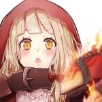  1girl :o bangs belt belt_buckle blonde_hair blurry blurry_foreground blush buckle fire hair_between_eyes hair_ribbon highres long_hair looking_at_viewer portrait red_hood red_riding_hood_(sinoalice) ribbon rico_tta simple_background sinoalice solo white_background yellow_eyes 