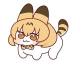  1girl :3 animal_ears animal_print blush bow bowtie creature doro_(nikke) extra_ears goddess_of_victory:_nikke kemono_friends looking_at_viewer meme notora print_bow print_bowtie serval_(kemono_friends) short_hair simple_background smile solo tail white_background 