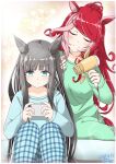  absurdres animal_ears bed blue_eyes blush breasts cellphone chrono_genesis_(umamusume) closed_eyes collarbone commentary_request dated grey_hair hair_between_eyes hair_dryer highres horse_ears horse_girl horse_tail kitoboshi looking_at_viewer loves_only_you_(umamusume) pajamas phone red_hair sitting smile solo tail umamusume white_background 