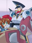  1girl 2boys android armor arms_behind_back beret blonde_hair blush brother_and_sister brown_hair chest_jewel closed_mouth colonel_(mega_man) dress forehead_jewel from_side gloves grabbing_another&#039;s_arm gradient_background green_eyes hat helmet hiding hiding_behind_another highres iris_(mega_man) jewelry long_hair looking_at_another mega_man_(series) mega_man_x4 mega_man_x_(series) military military_hat military_uniform multicolored_dress multiple_boys no_eyes no_mouth peaked_cap ponytail red_armor red_hat red_helmet robot robot_ears robot_girl shadow shoulder_armor shoulder_jewel shoulder_spikes siblings simple_background spikes user_xguj2433 very_long_hair white_armor white_gloves zero_(mega_man) 