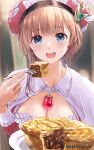  1girl atelier_(series) atelier_resleriana atelier_rorona blue_eyes blush breasts brown_hair capelet commentary_request eating food hat highres kishida_mel looking_at_viewer official_art open_mouth pie rorolina_frixell short_hair single_sidelock smile solo upper_body 