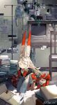  1girl absurdres all_fours animal_ear_fluff animal_ears artist_name blurry blurry_foreground book book_stack bookmark cable calendar_(object) chair clock colored_tips computer crab creature crt full_body gradient_hair grey_hair highres indoors intravenous_drip jacket lamp light_bulb long_hair long_sleeves looking_at_viewer map messy_room microwave miminoko_(vrchat) monitor multicolored_hair no_pupils note open_book origami paper pen photo_(object) picture_frame plant potted_plant rabbit_ears red_fur red_hair shirt signature sleeves_past_wrists solo sticky_note tail television timc_vrc twitter_username two-tone_hair very_long_hair vrchat white_eyes white_hair white_shirt wide_sleeves 