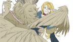  1girl animal_ears animal_nose blonde_hair blue_capelet blue_dress capelet carrying carrying_person chimera choker claws closed_eyes closed_mouth creature dress dungeon_meshi feathered_wings green_eyes hair_between_eyes hand_around_waist horns kugai697139 lion_ears long_hair long_sleeves looking_at_viewer marcille_donato pale_skin pointy_ears red_choker simple_background smile teeth white_background wide_sleeves wings yellow_fur 