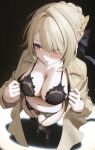 1girl absurdres alternate_costume black_background black_bra black_garter_belt black_panties black_thighhighs blonde_hair blush bra breasts brown_coat cleavage closed_eyes coat evelyn_chevalier from_above full_body garter_belt highres kkuni large_breasts long_sleeves mole mole_under_eye navel open_clothes open_coat panties purple_eyes simple_background solo stomach thighhighs thighs underwear zenless_zone_zero 
