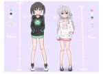  2girls black_hair braid brown_eyes dokudoku913 full_body grey_eyes grey_hair hands_in_pockets height_chart highres hood hood_down hooded_jacket hoshi_syoko idolmaster idolmaster_cinderella_girls jacket long_hair looking_at_viewer multiple_girls sharp_teeth side_braid simple_background single_braid smile sunazuka_akira teeth twintails 