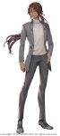  1boy arms_at_sides black_shoes black_socks brown_eyes brown_hair dark-skinned_male dark_skin earrings floating_hair full_body gleam grey_jacket grey_pants grey_shirt highres hwansang_jungdog jacket jewelry king&#039;s_raid long_hair low_ponytail official_art pants ponytail shirt shoes simple_background socks solo stud_earrings suit_jacket thumb_in_pocket turtleneck turtleneck_shirt very_long_hair white_background zafir_(king&#039;s_raid) 