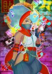  1girl afro bra bra_peek breasts capcom cleavage elbow_pads fighting_game graffiti hip_vent kaisercrimson_1 kimberly_jackson kuji-in mask mouth_mask ninja official_alternate_costume official_alternate_hairstyle street_fighter street_fighter_6 underwear yellow_bra 