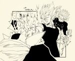  !? 5boys artist_name aura bodysuit clenched_hand clenched_teeth cowboy_shot dabura demon_boy demon_horns dragon_ball dragon_ball_z fenyon gloves highres horns monochrome motion_lines multiple_boys muscular muscular_male outside_border pointy_ears shin_(dragon_ball) son_gohan son_goku spiked_hair super_saiyan surprised teeth vegeta 