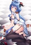  1girl 3: accident alternate_costume arm_garter ass back bare_shoulders black_footwear black_legwear black_leotard blue_hair breasts cake checkered checkered_floor cherry enmaided feet food frills fruit ganyu_(genshin_impact) garter_straps genshin_impact goat_horns high_heels highres horns leotard long_hair looking_at_viewer low_ponytail maid maid_headdress medium_breasts no_shoes revision shoes shoes_removed single_shoe sitting solo ssong2 thighhighs very_long_hair yokozuwari 