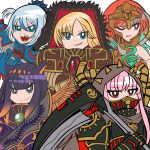  5girls absurdres angron blonde_hair blue_eyes blue_hair chaos_(warhammer) commentary crossover english_commentary fulgrim gawr_gura highres hololive hololive_english holomyth horus_(warhammer_40k) magnus_the_red mori_calliope mortarion multiple_girls ninomae_ina&#039;nis orange_hair pink_hair power_armor purple_eyes purple_hair red_eyes scythe sharp_teeth sword takanashi_kiara teeth virtual_youtuber warhammer_40k watson_amelia weapon 