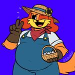 anthro basket belly big_belly canid canine canis cheek_tuft clothing container dogday_(poppy_playtime) domestic_dog egg facial_tuft flower gesture gloves gnarpington hand_gesture handwear hat headgear headwear hi_res kerchief male mammal mob_entertainment neckerchief neckwear one_eye_closed orange_body overalls overweight overweight_male plant poppy_playtime purple_background simple_background smile smiling_critters solo straw_hat sunflower tight_clothing tuft v_sign wink