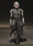  1girl absurdres armor black_gloves boots brian_matyas energy_sword full_body gloves grey_eyes highres lightsaber pauldrons shin_hati short_hair shoulder_armor solo standing star_wars star_wars:_ahsoka sword weapon white_hair 