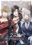  1girl 2boys anniversary beard black_hair blonde_hair brothers clive_rosfield dog facial_hair final_fantasy final_fantasy_xvi grey_fur grey_hair happy jill_warrick joshua_rosfield kiyomiya multiple_boys open_mouth scar scar_on_face siblings smile teeth torgal_(ff16) upper_teeth_only v 