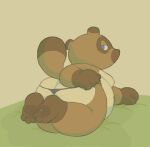 2025 animal_crossing belly big_belly bikini bikini_bottom bikini_thong blue_eyes breasts brown_body brown_fur butt cafongterua canid canine clothing digital_media_(artwork) fur lying lying_on_ground mammal nintendo nipples on_ground pawpads paws pubes pubes_on_butt raccoon_dog simple_background swimwear tail tanuki thong tom_nook_(animal_crossing) two-piece_swimsuit underwear underwear_grab